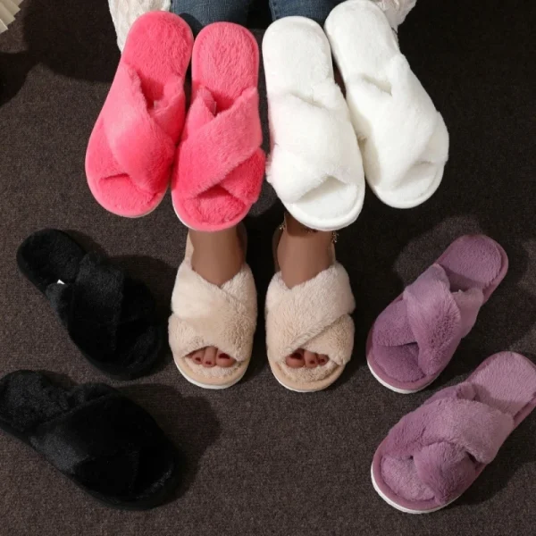 Fashion Cross Strap Fur Slippers